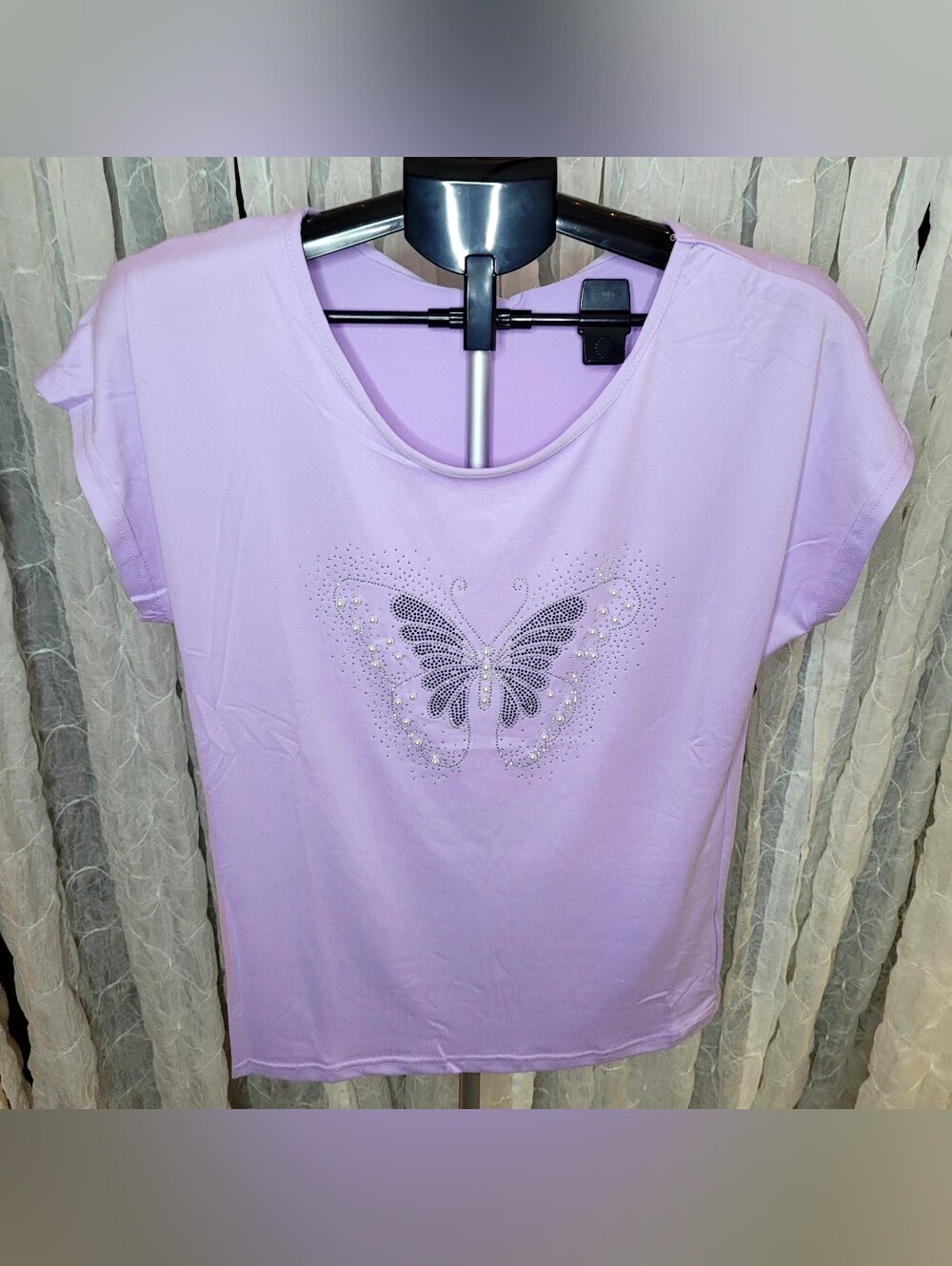 Buzz Lavender Purple Butterfly Rhinestone Pearl Graphic Tee Shirt Stretchy L